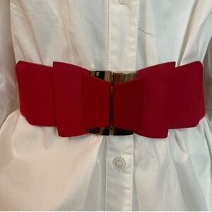 Red faux leather minimalist gold tone buckle elastic waistband belt